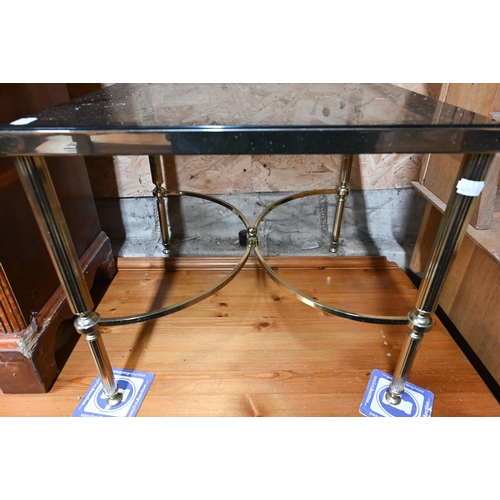 215 - A pair of brass and smoked glass square side tables (some chips to glass), 46 x 46 x 41 cm high