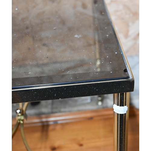 215 - A pair of brass and smoked glass square side tables (some chips to glass), 46 x 46 x 41 cm high