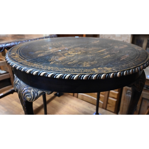 222 - An early 20th century circular occasional table decorated with chinoiserie gilt and lacquer landscap... 