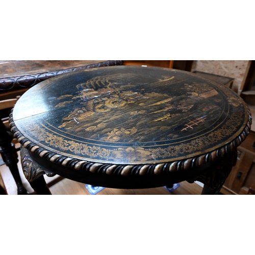 222 - An early 20th century circular occasional table decorated with chinoiserie gilt and lacquer landscap... 