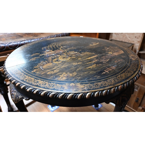 222 - An early 20th century circular occasional table decorated with chinoiserie gilt and lacquer landscap... 