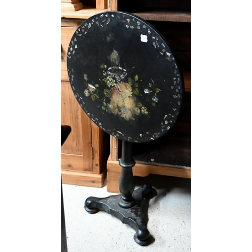 26 - A Victorian mother of pearl and polychrome decorated papier mache tilt top occasional table, to/with... 