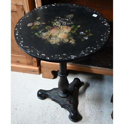 26 - A Victorian mother of pearl and polychrome decorated papier mache tilt top occasional table, to/with... 