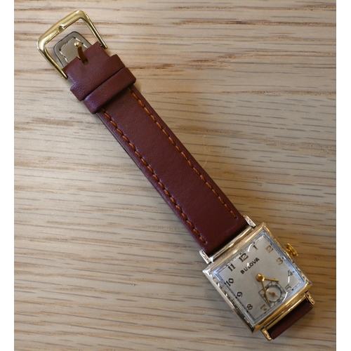 262 - A vintage gents Bulova gold plated wristwatch, circa 1950s, with square oyster dial with gilt Arabic... 