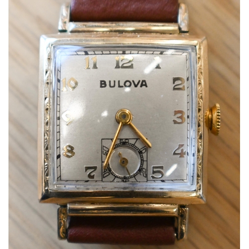 262 - A vintage gents Bulova gold plated wristwatch, circa 1950s, with square oyster dial with gilt Arabic... 