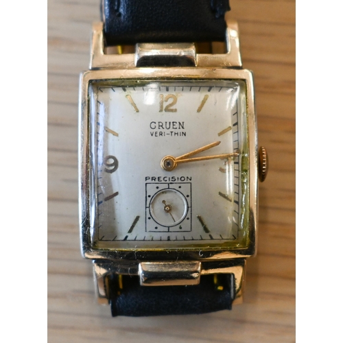 263 - An Art Deco gents Gruen gold plated tank style wristwatch, circa 1930's, manual with convex champagn... 