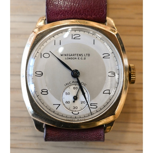 264 - A vintage gents Winegartens Ltd 9ct gold manual wristwatch, the champagne dial with Arabic numerals,... 