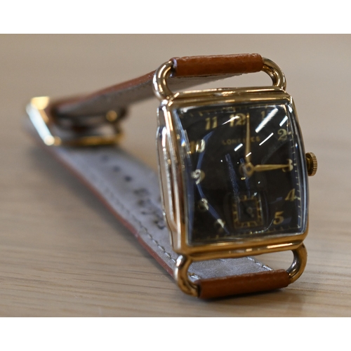 265 - A manual vintage gents Longines gold plated wristwatch, the brown enamel square dial with gilt hands... 