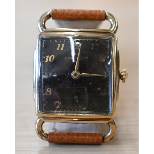 265 - A manual vintage gents Longines gold plated wristwatch, the brown enamel square dial with gilt hands... 