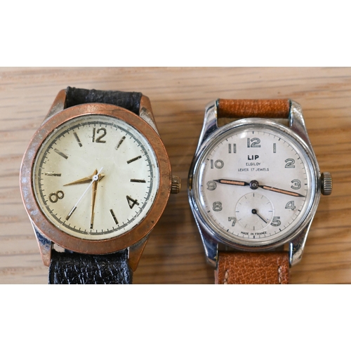 268 - A gents vintage LIP Elgiloy chrome plated manual wristwatch, the champagne dial with Arabic numerals... 