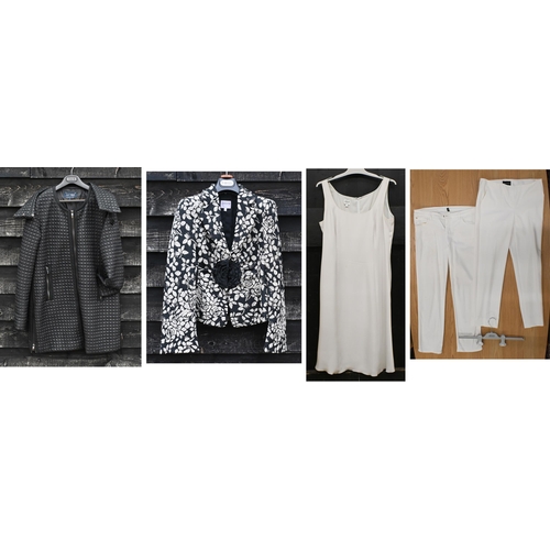 294 - Armani - black quilted coat size 48; floral black and white jacket size 42; cream shift dress size 4... 