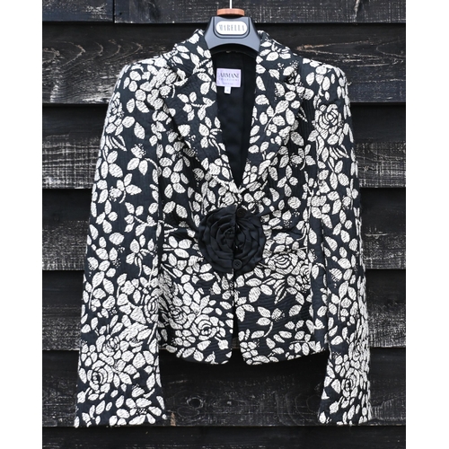 294 - Armani - black quilted coat size 48; floral black and white jacket size 42; cream shift dress size 4... 