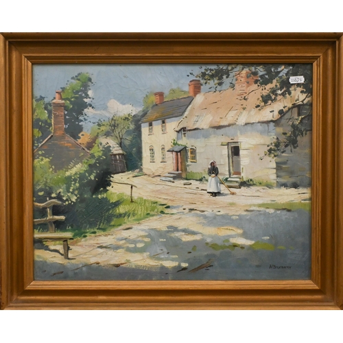 300 - A Bradbury - Two rural village scenes, oil on canvas, signed, 34 x 44 cm (2)