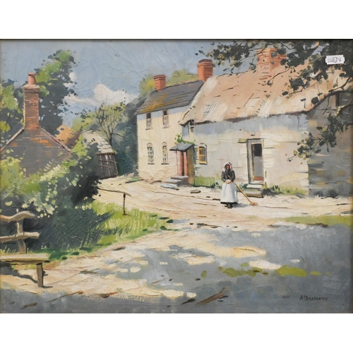 300 - A Bradbury - Two rural village scenes, oil on canvas, signed, 34 x 44 cm (2)