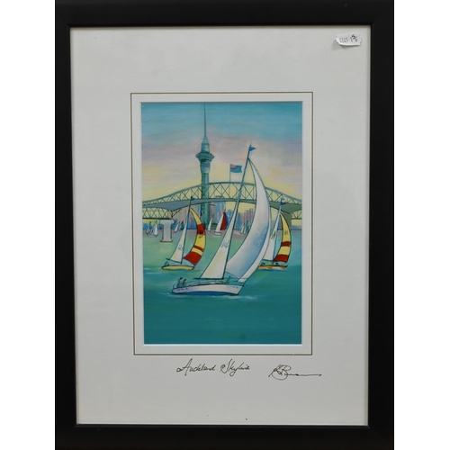 302 - Nancy Woods - two ltd ed mosaic abstracts to/w Karel Burrows - Auckland skyline (3)