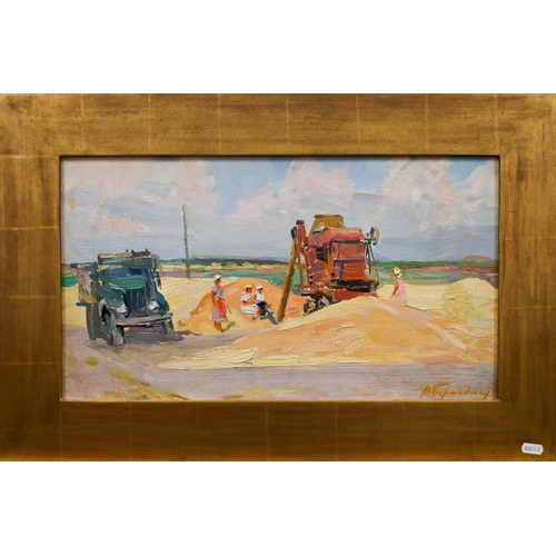 304 - Russian school - Agricultural view of machines and farm workers, oil on board, signed, 27 x 49 cm