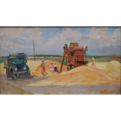 304 - Russian school - Agricultural view of machines and farm workers, oil on board, signed, 27 x 49 cm