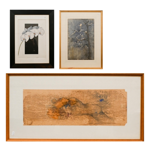 308 - Watercolour of moonlit tree, ltd ed botanical study and an abstract figurative study (3)