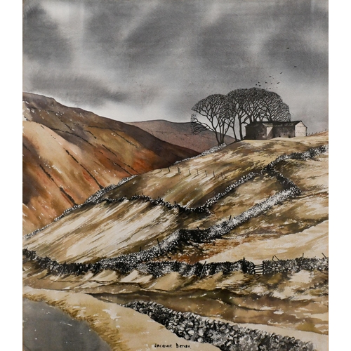 309 - Jacquie Denby - Hillside view, pen ink and wash, signed, 49 x 43 cm