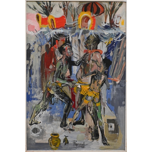 P Marshall - Hindu festival of Thaipusam, oil on board, signed and dated '68, acquired in Singapore, 90 x 60 cm