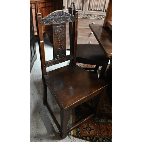 38 - A heavy quality 17th century style oak refectory dining table to/with a set of six moulded and carve... 