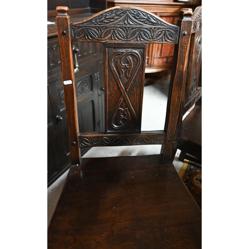 38 - A heavy quality 17th century style oak refectory dining table to/with a set of six moulded and carve... 