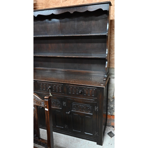 40 - An Old Charm style traditional oak high dresser, the base with three drawers over three cupboards