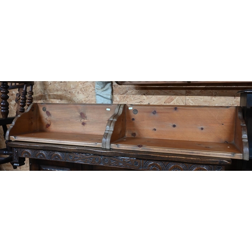 42 - Two old penny inset pine wall shelves to/with a pine hanging kitchen plate rack and a four hanging c... 