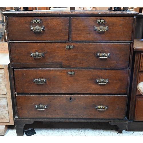 46 - An 18th century and later oak chest of  two short over three long graduated drawers, raised on shape... 