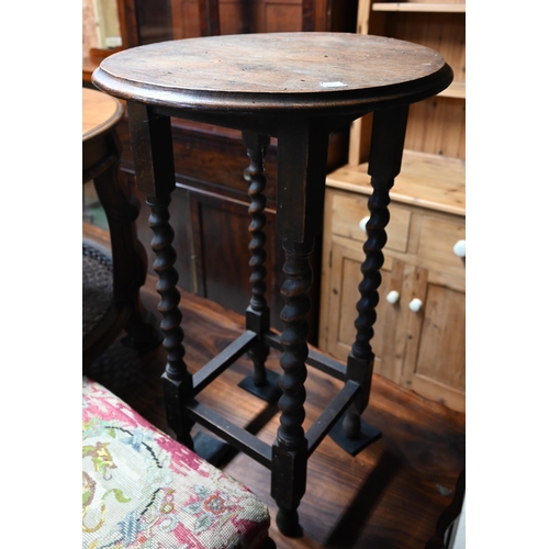 48 - # An old oak barley twist occasional table to/with a platform toilet mirror and a Victorian embroide... 