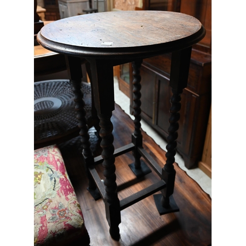 48 - # An old oak barley twist occasional table to/with a platform toilet mirror and a Victorian embroide... 