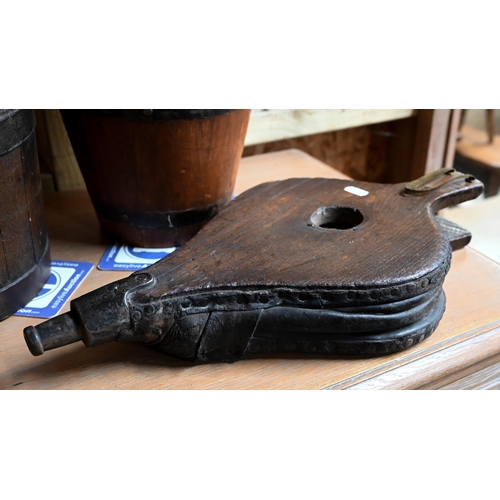 50 - Two differing steel bound coopered buckets to/with a set of leather/oak bellows (3)