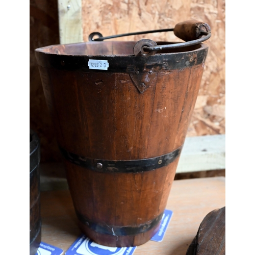 50 - Two differing steel bound coopered buckets to/with a set of leather/oak bellows (3)