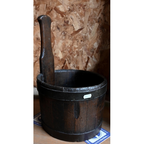 50 - Two differing steel bound coopered buckets to/with a set of leather/oak bellows (3)