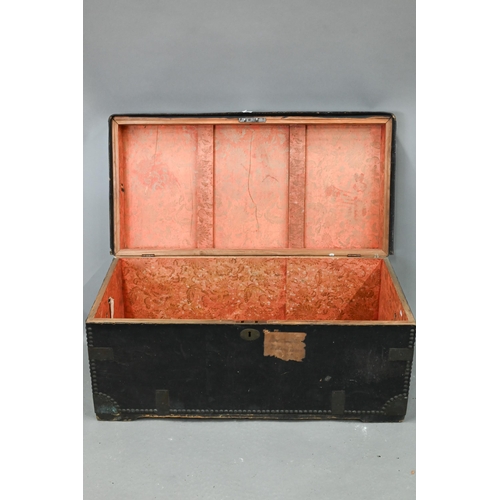 277 - An early19th century Chinese export brass bound and studded leather camphorwood travel trunk, handle... 