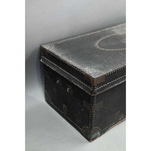 277 - An early19th century Chinese export brass bound and studded leather camphorwood travel trunk, handle... 