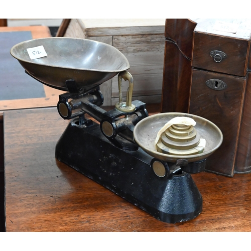 512 - A 19th century mahogany knife-box (no inner fittings), 38 cm high, to/w a set of iron and copper kit... 