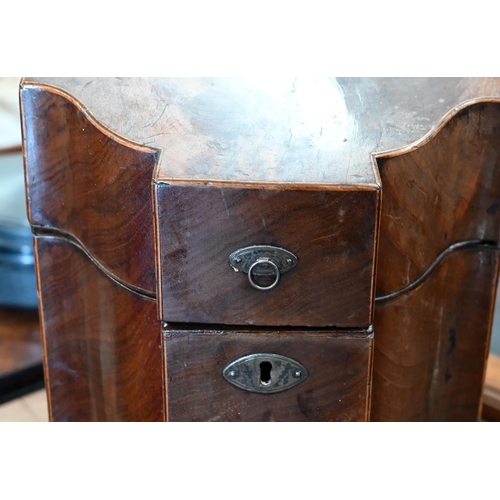 512 - A 19th century mahogany knife-box (no inner fittings), 38 cm high, to/w a set of iron and copper kit... 