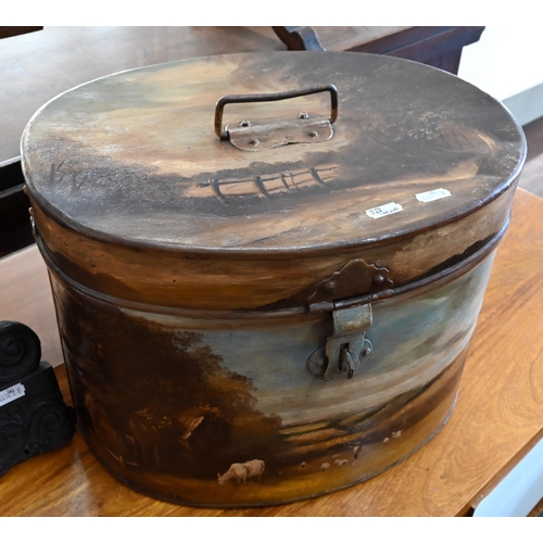 527 - A Victorian hat tin, painted with landscapes, to/w a (probably) 17th Century or earlier carved wood ... 