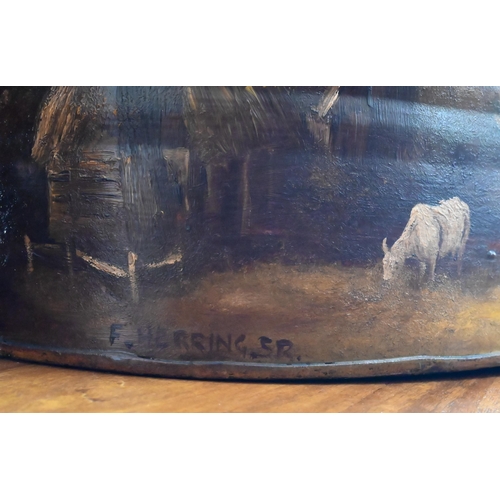 527 - A Victorian hat tin, painted with landscapes, to/w a (probably) 17th Century or earlier carved wood ... 