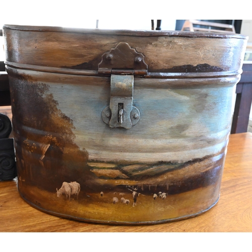 527 - A Victorian hat tin, painted with landscapes, to/w a (probably) 17th Century or earlier carved wood ... 