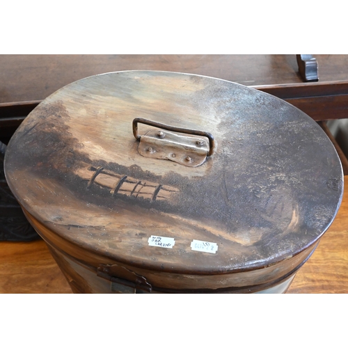 527 - A Victorian hat tin, painted with landscapes, to/w a (probably) 17th Century or earlier carved wood ... 