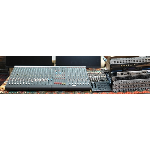 An Allen & Heath GL2200 Dual Function Console mixing desk, to/w various other recording studio equipment, including Behringer, Eurorack MX802 and BCF200 Fader, Roland Sound Brush and Sound Canvas, Behringer, M-Audio and Autocom patches, Microphones, cables, etc.