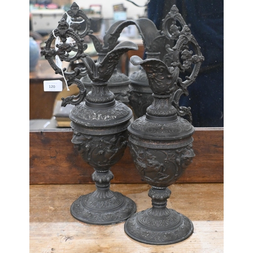 545 - A pair of 19th Century spelter garniture ewers in the Renaissance manner, 38cm high