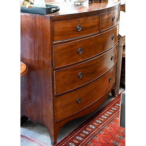 68 - A Victorian mahogany bowfront chest of two short over three long drawers on splayed bracket feet, 11... 