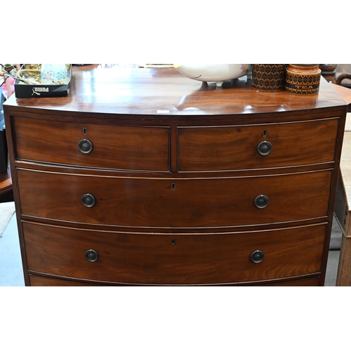 68 - A Victorian mahogany bowfront chest of two short over three long drawers on splayed bracket feet, 11... 