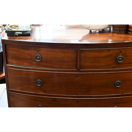 68 - A Victorian mahogany bowfront chest of two short over three long drawers on splayed bracket feet, 11... 