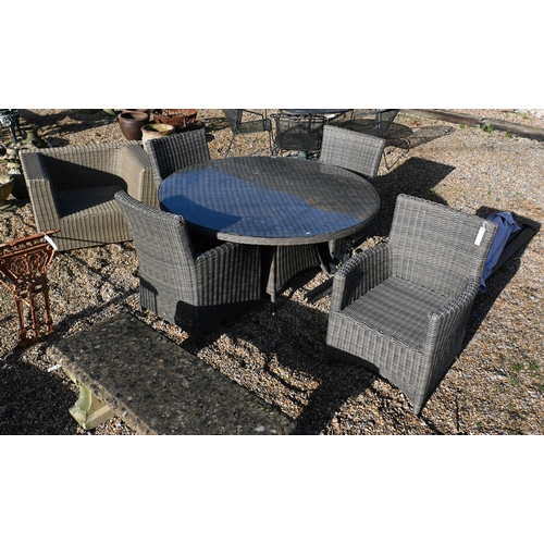 7 - Hartmann, a synthetic all-weather rattan circular garden table, with protective glass top and four a... 