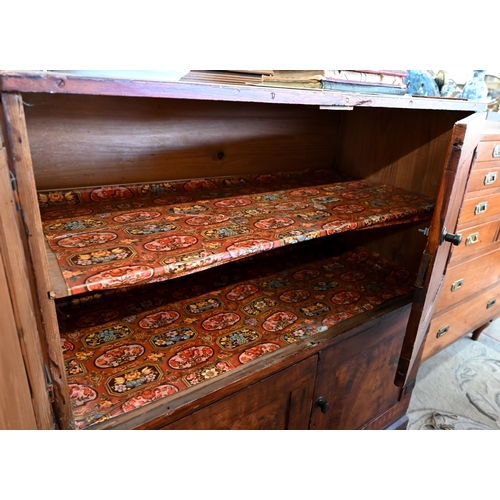 76 - A scumbled pine two-section pantry cupboard with four panelled doors enclosing shelves, 105 cm w x 5... 