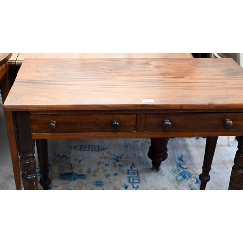 79 - A late Victorian mahogany hall table with two frieze drawers and turned supports, 90 cm w x 44 cm d ... 